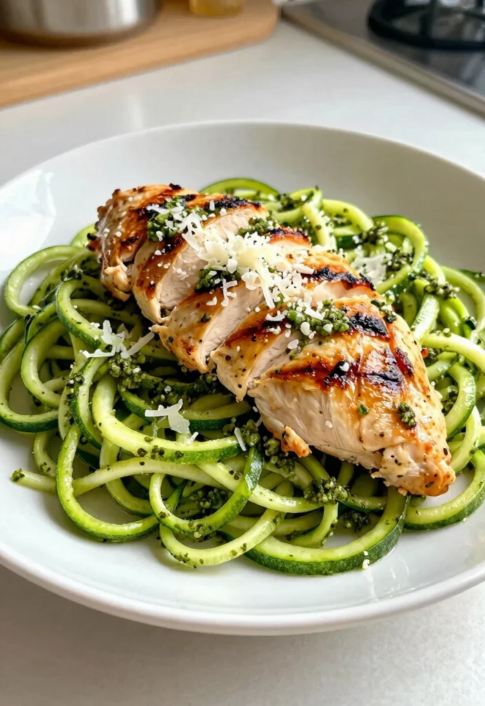 16 Dinner Recipes High Protein Filling Healthy Meals - 13. Zucchini Noodles with Pesto and Grilled Chicken 1