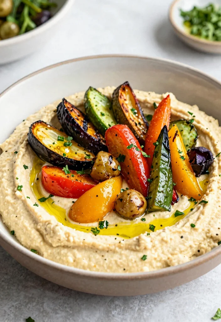16 Dinner Recipes High Protein Filling Healthy Meals - 14. Roasted Vegetable and Hummus Bowl 1
