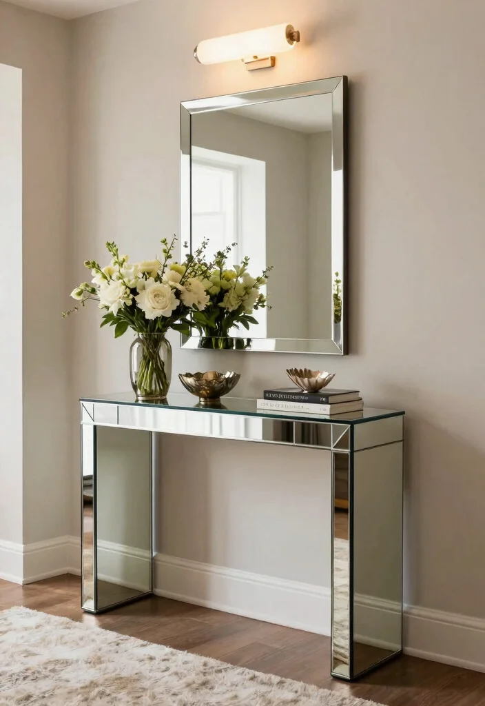 15 Entry Way With Mirrors Ideas That Feel Bright & Spacious 4 15 Entry Way With Mirrors Ideas That Feel Bright & Spacious - 3. Mirrored Furniture for a Luxe Look 1