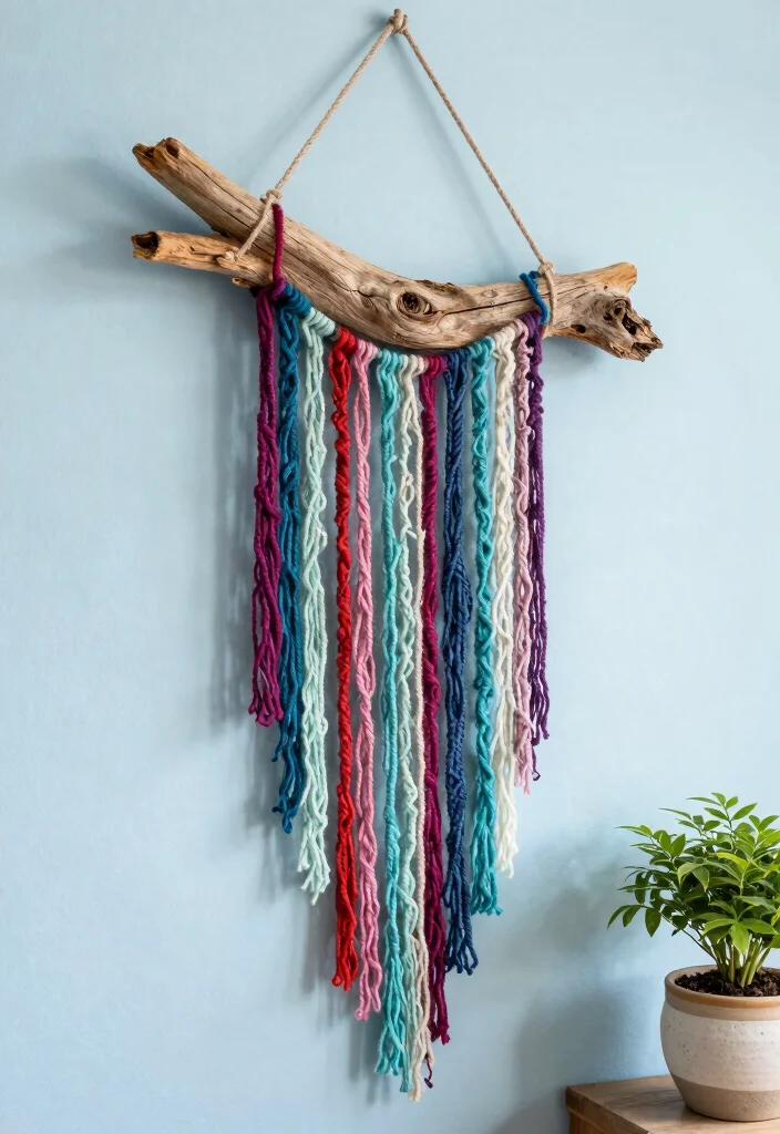 16 Boho Yarn Wall Art Ideas With Handmade Texture 7 16 Boho Yarn Wall Art Ideas With Handmade Texture - 6. Yarn and Driftwood Art 1