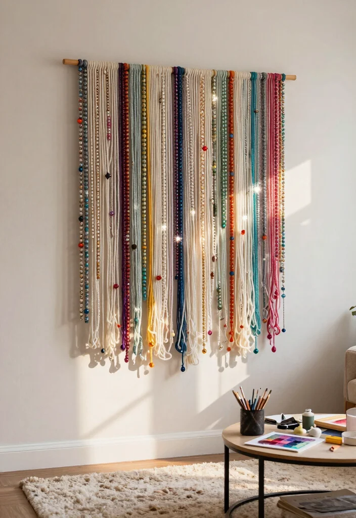 16 Boho Yarn Wall Art Ideas With Handmade Texture 9 16 Boho Yarn Wall Art Ideas With Handmade Texture - 8. Yarn Art with Beads 1
