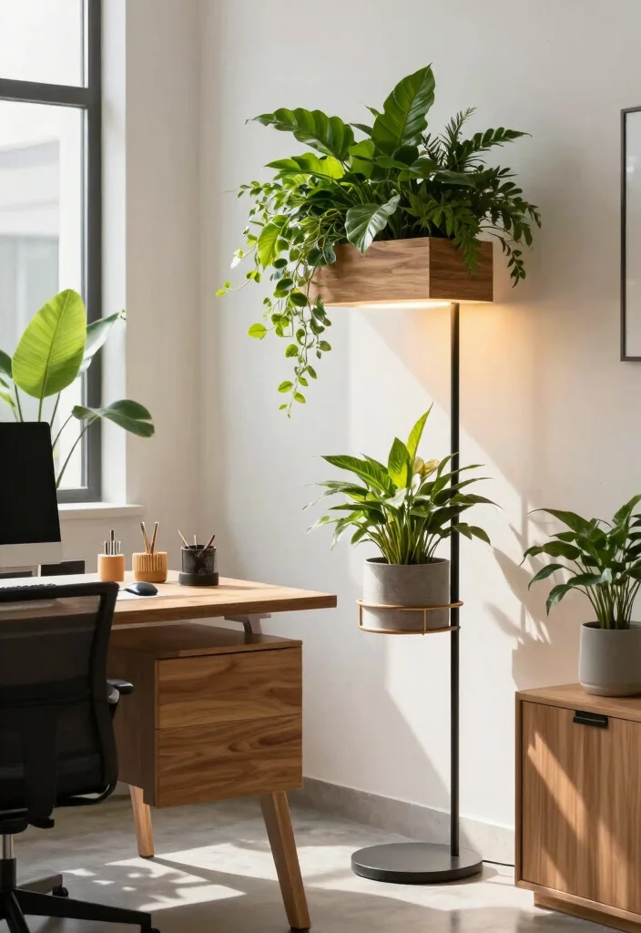 16 Office Floor Lamp Ideas With Stylish Task Lighting 8 16 Office Floor Lamp Ideas With Stylish Task Lighting - 7. Nature-Inspired: Greenery and Light Combo 1