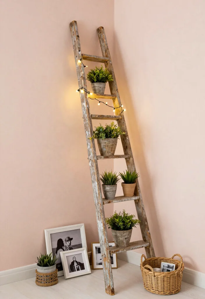 16 Shabby Chic Wall Decor Ideas With Vintage Romance 11 16 Shabby Chic Wall Decor Ideas With Vintage Romance - 10. Vintage Ladder Display 1