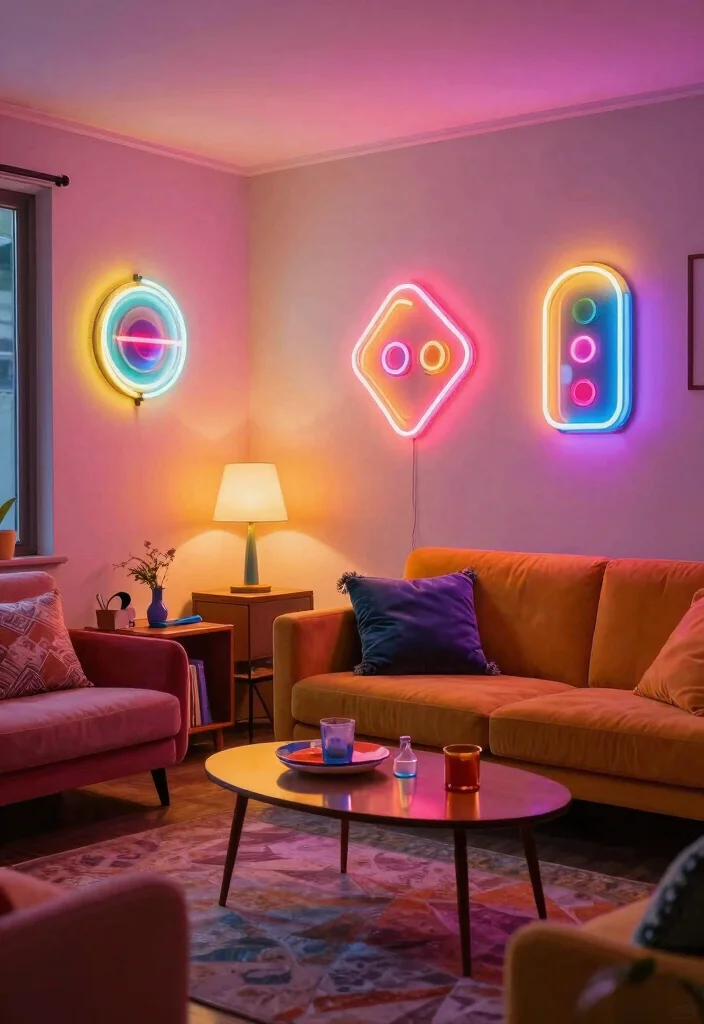16 Wall Lamp Living Room Ideas With Cozy Ambient Glow 11 16 Wall Lamp Living Room Ideas With Cozy Ambient Glow - 10. Retro Neon Vibes 1