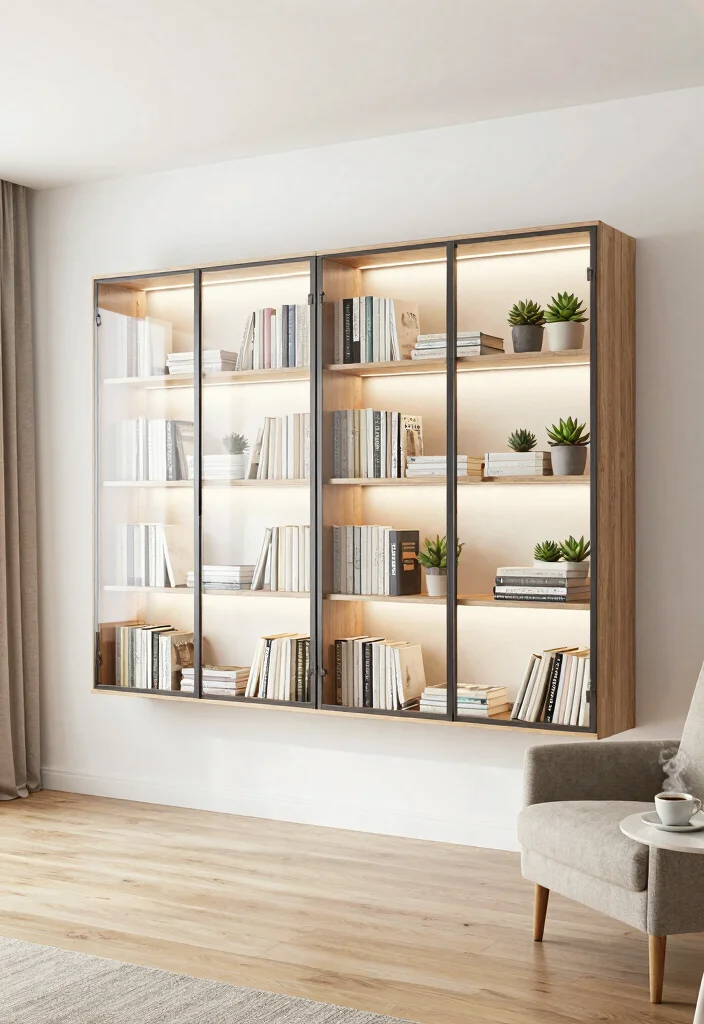 17 Glass Door Bookshelf Ideas With Elegant Display - 1. Floating Glass Door Bookshelves 1