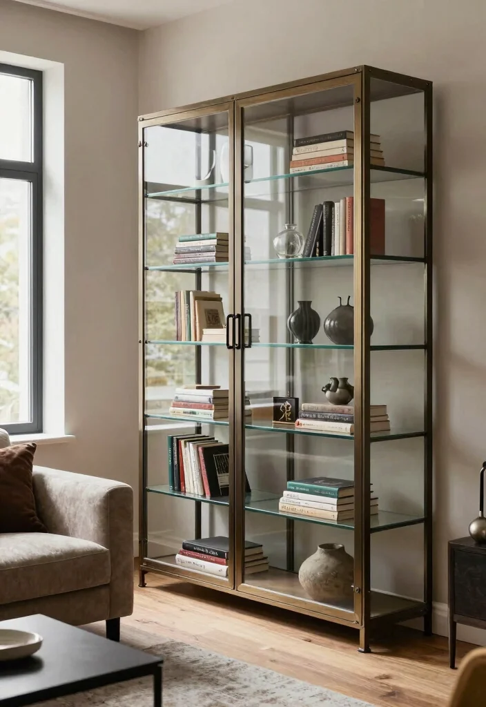 17 Glass Door Bookshelf Ideas With Elegant Display - 14. Glass Door Bookshelves with Metal Accents 1