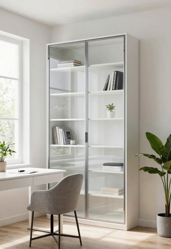 17 Glass Door Bookshelf Ideas With Elegant Display - 3. Minimalist Glass Door Bookcase 1