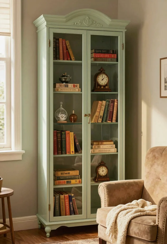 17 Glass Door Bookshelf Ideas With Elegant Display - 4. Vintage-Inspired Glass Door Shelves 1