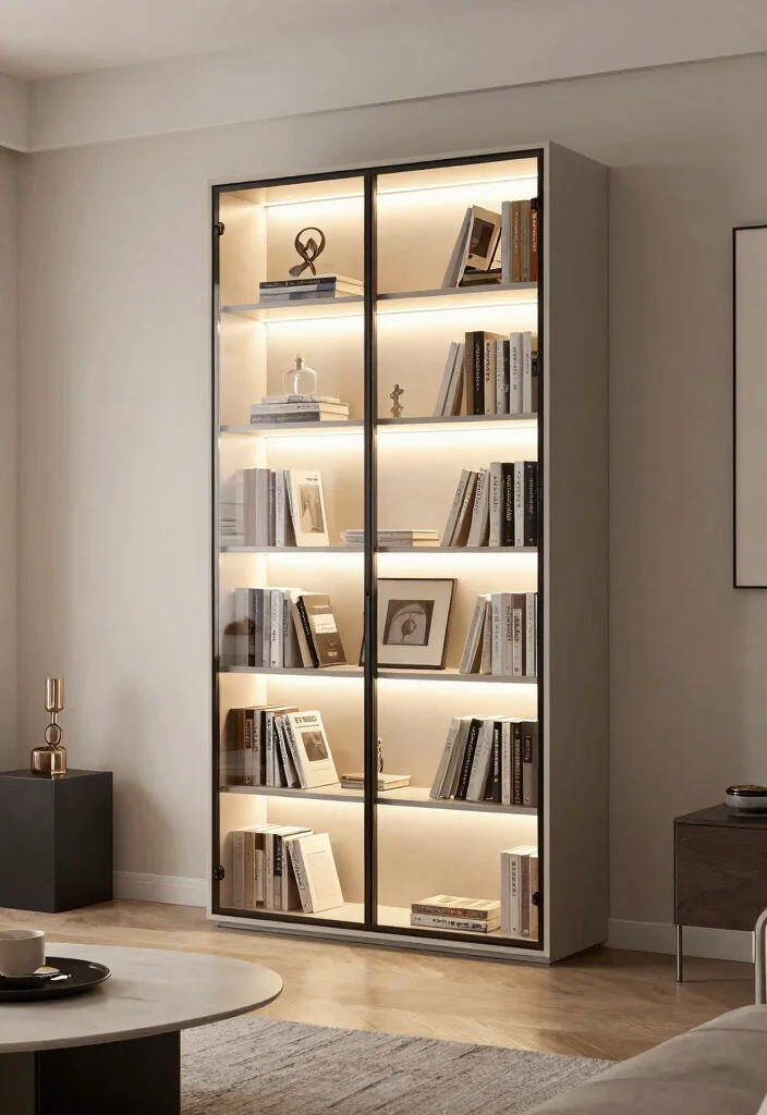 17 Glass Door Bookshelf Ideas With Elegant Display - 6. Glass Door Bookshelf with Integrated Lighting 1