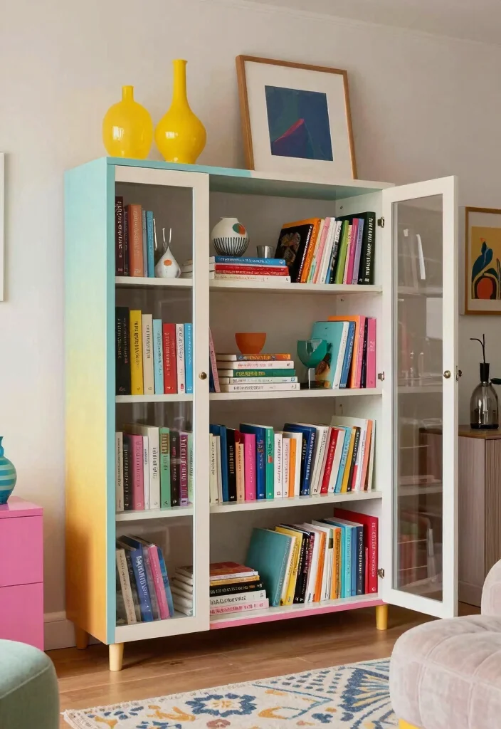 17 Glass Door Bookshelf Ideas With Elegant Display - 7. Open Glass Door Shelving with Color Pop 1