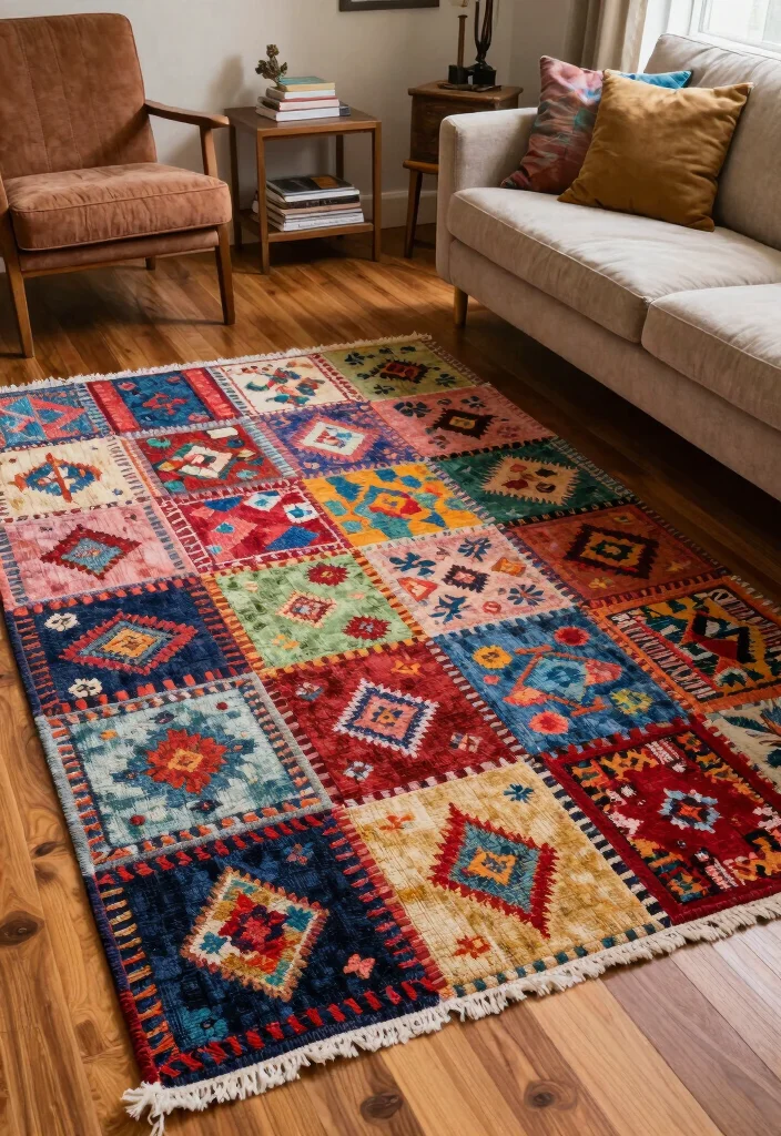 17 Living Room Carpet Ideas Area Rugs That Define the Space - 15. Multi-Colored Patchwork Rugs 1