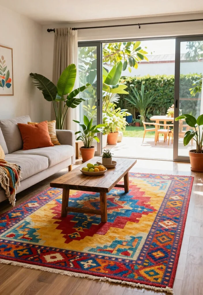 17 Living Room Carpet Ideas Area Rugs That Define the Space - 8. Brightly Colored Indoor/Outdoor Rugs 1